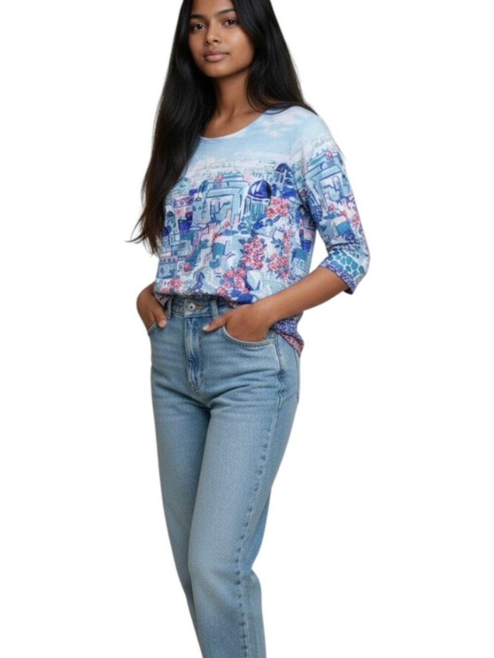 Allison Daley Top Womens Mediterranean Cityscape Graphics Buildings Blue Medium